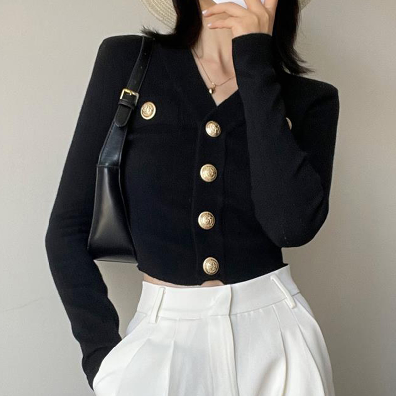 Gold Button Front Knit Cardiga – Crop Cardigan Vintage recenzja i cena