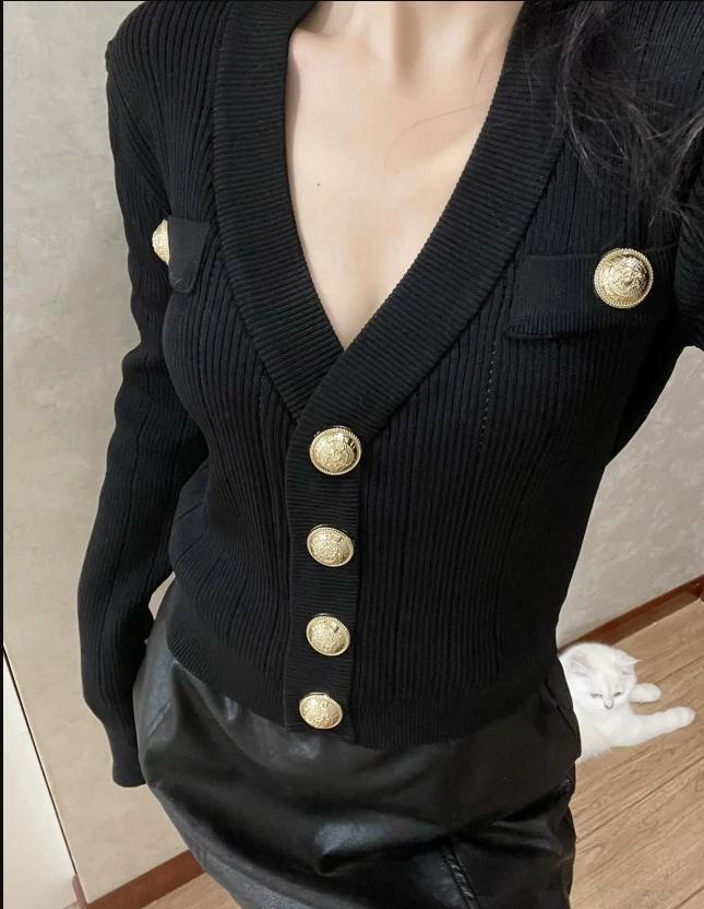Gold Button Front Knit Cardiga – Crop Cardigan Vintage recenzja i cena
